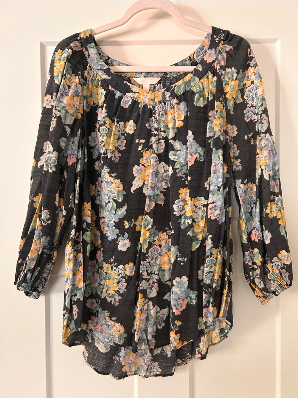 LC Lauren Conrad Black Floral Peasant Blouse with Pastel Blooms